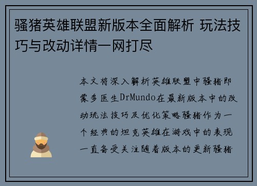 骚猪英雄联盟新版本全面解析 玩法技巧与改动详情一网打尽